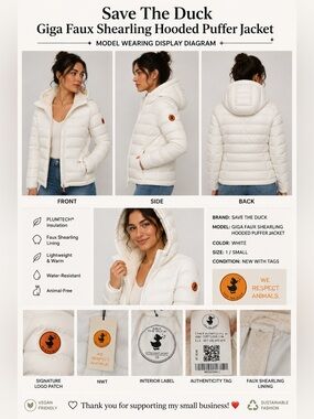 Save The Duck Giga Faux Shearling Hooded Puffer Jacket White Women's Size 1/S
